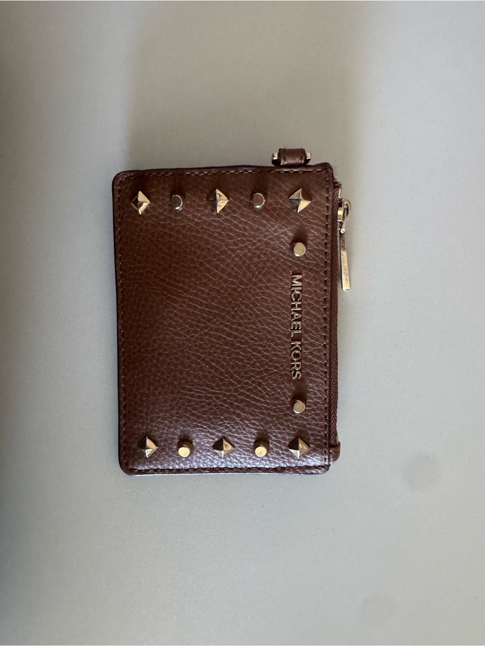 Michael Kors Brown Leather Studded Zip Card Holder with Gold Hardware